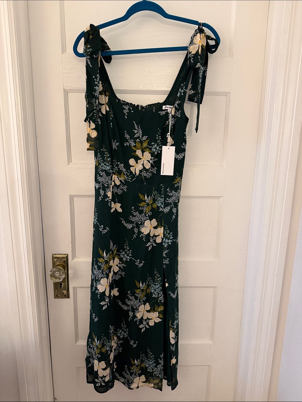 Reformation Floral Tie-Shoulder Midi Dress in Dark Green